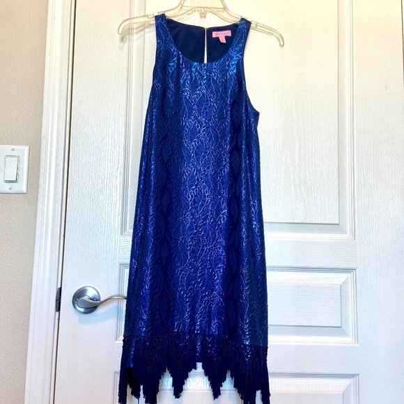 Lilly Pulitzer Royal Blue Shiny/Fringe Shift Dress (Size XS) - Picture 1 of 4